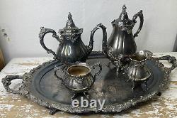 5 Piece Baroque Tea & Coffee Silverplate Set by Wallace w Footed Tray Tarnished