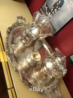 5 Piece Gorham Newport Pattern Silverplate Tea Set Never Used with Tray is A+