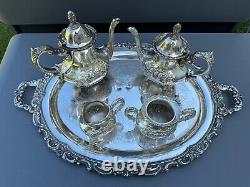 5 Piece Towle Silverplate Ornate Victorian Repousse Coffee & Tea Set withTray