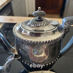 5 pc set English fluted silver plate tea/coffee set, antique, orig wooden handles