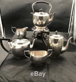 5 piece silver soldered antique english tea set with crest mark SILENTIO