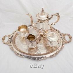 6-Piece Antique Silverplate Wallace Baroque Coffee Tea Service Set with Tray