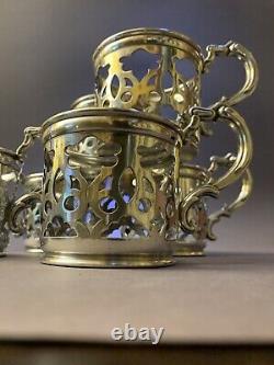 6 antique polish tea glass holder silver plate double eagle FRAGET Warszaw 1896