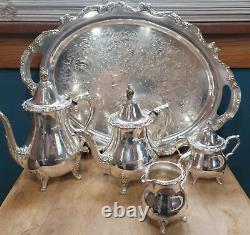 6 pc Antique Genuine WALLACE La Reine 1100 Silver Plated Tea Coffee Set with Tray