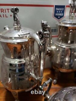 8pc Vintage REED BARTON Palms & Ribbon #2608 Tea Pots Service Bell Sugar Creamer