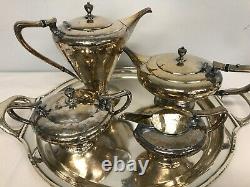 ANTIQUE DERBY HAMMERED SILVERPLATE ART DECO TEA COFFEE SET with TRAY