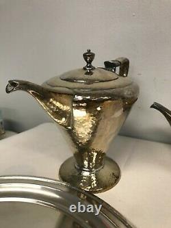 ANTIQUE DERBY HAMMERED SILVERPLATE ART DECO TEA COFFEE SET with TRAY