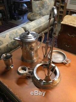 ANTIQUE SILVER TILTING TEA POT CHOCOLATE POT COFFEE POT, WARMER, with STAND, CUP