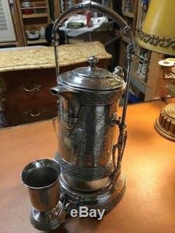 ANTIQUE SILVER TILTING TEA POT CHOCOLATE POT COFFEE POT, WARMER, with STAND, CUP