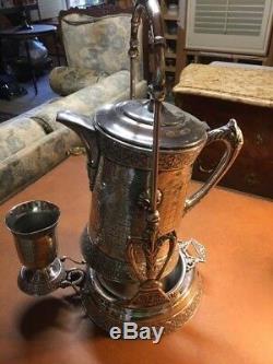 ANTIQUE SILVER TILTING TEA POT CHOCOLATE POT COFFEE POT, WARMER, with STAND, CUP