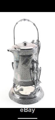 ANTIQUE SILVER TILTING TEA POT CHOCOLATE POT COFFEE POT, WARMER, with STAND, CUP