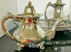 ANTQUE Victorian Art Nouveau Silver Plate COFFEE & TEA Pots Sugar Creamer & Tray