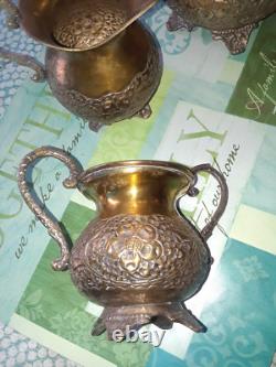 ANTQ Silver Plate Ornate 3 Pc Tea Set Teapot / Creamer / Sugar /? FAB Foilage