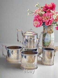 ANTQ Silverplate GOAT Greek Key 4 Pcs Tea Set Reed & Barton Monogram GOTHIC