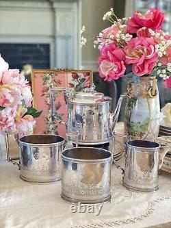 ANTQ Silverplate GOAT Greek Key 4 Pcs Tea Set Reed & Barton Monogram GOTHIC