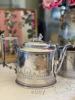 ANTQ Silverplate GOAT Greek Key 4 Pcs Tea Set Reed & Barton Monogram GOTHIC