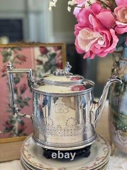 ANTQ Silverplate GOAT Greek Key 4 Pcs Tea Set Reed & Barton Monogram GOTHIC