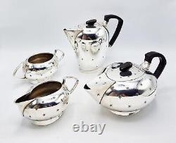 ART DECO SPACE AGE SILVER PLATED FOUR-PIECE TEA SET c1950 STAR PATTERN