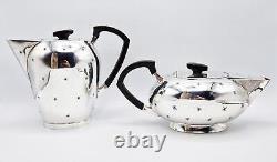 ART DECO SPACE AGE SILVER PLATED FOUR-PIECE TEA SET c1950 STAR PATTERN