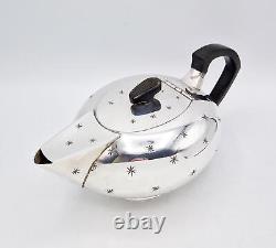 ART DECO SPACE AGE SILVER PLATED FOUR-PIECE TEA SET c1950 STAR PATTERN