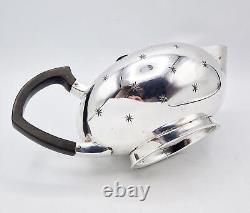 ART DECO SPACE AGE SILVER PLATED FOUR-PIECE TEA SET c1950 STAR PATTERN