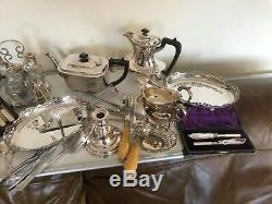 A Large Lot Of Silver Plated Items. Tea & Coffee Pot, Cutlery Set