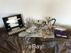 A Large Lot Of Silver Plated Items. Tea & Coffee Pot, Cutlery Set