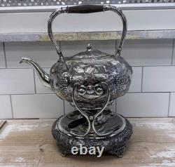 American silverplate Tipping Kettle, Grapevine Antique c. 1900 with burner