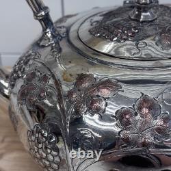 American silverplate Tipping Kettle, Grapevine Antique c. 1900 with burner