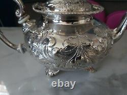 An Antique Silver Plated Bird Finial Tea Set. Embossed Patterns. J. Turton & co