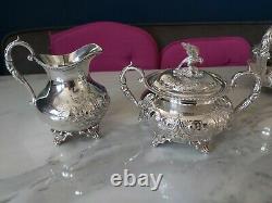 An Antique Silver Plated Bird Finial Tea Set. Embossed Patterns. J. Turton & co