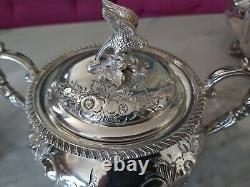 An Antique Silver Plated Bird Finial Tea Set. Embossed Patterns. J. Turton & co