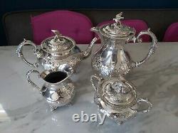 An Antique Silver Plated Bird Finial Tea Set. Embossed Patterns. J. Turton & co