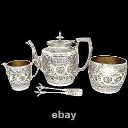 Anglo-Indian Raj 12 signs of the Zodiac embossed tea set with bird claw tongs