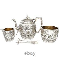 Anglo-Indian Raj 12 signs of the Zodiac embossed tea set with bird claw tongs