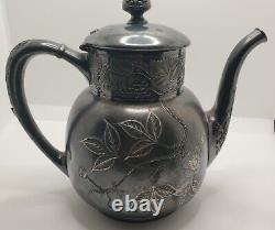 Antique 1800-1849 Pairpoint Mfg. Co. Quadruple Silver Plate Floral Tea Pot Dents