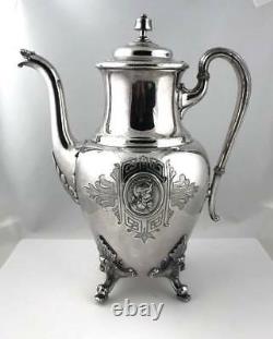 Antique 1860s STARR & MARCUS MEDALLION Silverplate Coffee Tea Set Reed Barton