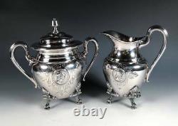 Antique 1860s STARR & MARCUS MEDALLION Silverplate Coffee Tea Set Reed Barton