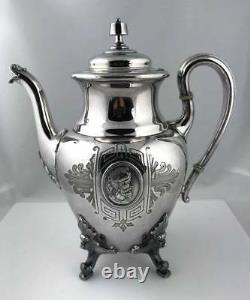 Antique 1860s STARR & MARCUS MEDALLION Silverplate Coffee Tea Set Reed Barton