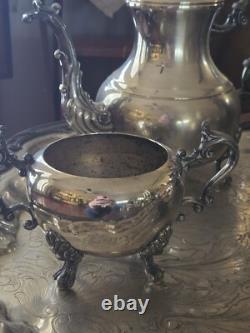 Antique 1881 F. B. ROGERS Silver Pl. Tea & Coffee Set Tray Lady Margaret 6p