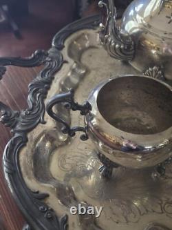 Antique 1881 F. B. ROGERS Silver Pl. Tea & Coffee Set Tray Lady Margaret 6p