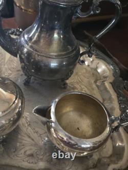 Antique 1881 F. B. ROGERS Silver Pl. Tea & Coffee Set Tray Lady Margaret 6p