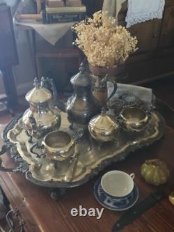 Antique 1881 F. B. ROGERS Silver Pl. Tea & Coffee Set Tray Lady Margaret 6p