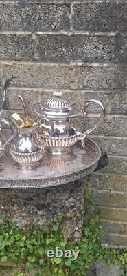 Antique 19thc Silver Plated Tea Service By James Deakin With Gallery Tray