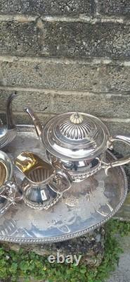 Antique 19thc Silver Plated Tea Service By James Deakin With Gallery Tray