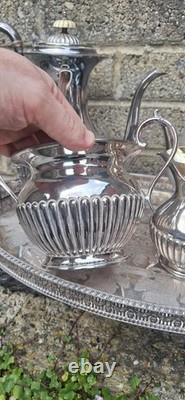 Antique 19thc Silver Plated Tea Service By James Deakin With Gallery Tray