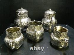 Antique (5) Piece Repousse Quadruple Plate Tea/Coffee Set Homan Silverplate Co
