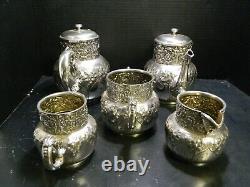 Antique (5) Piece Repousse Quadruple Plate Tea/Coffee Set Homan Silverplate Co