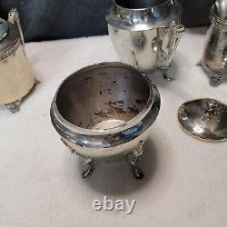 Antique 5 piece Meriden Silver Plate Coffee Tea Set Lion Head Feet