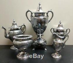 Antique 5pc B & Co Floral Chased Silverplate Coffee Tea Set with Samovar No Mono